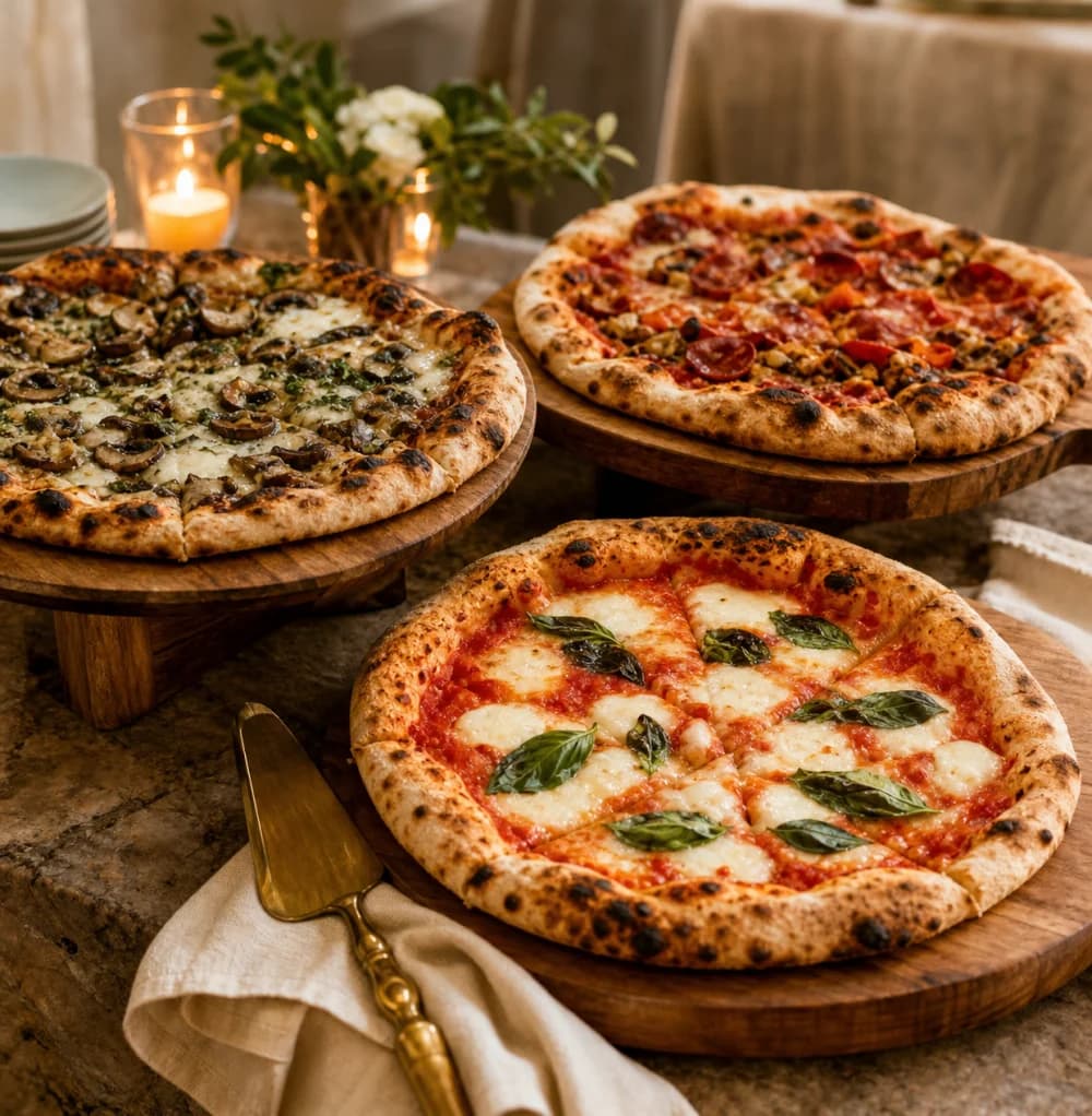 Three fresh artisan pizzas arranged on wooden serving boards