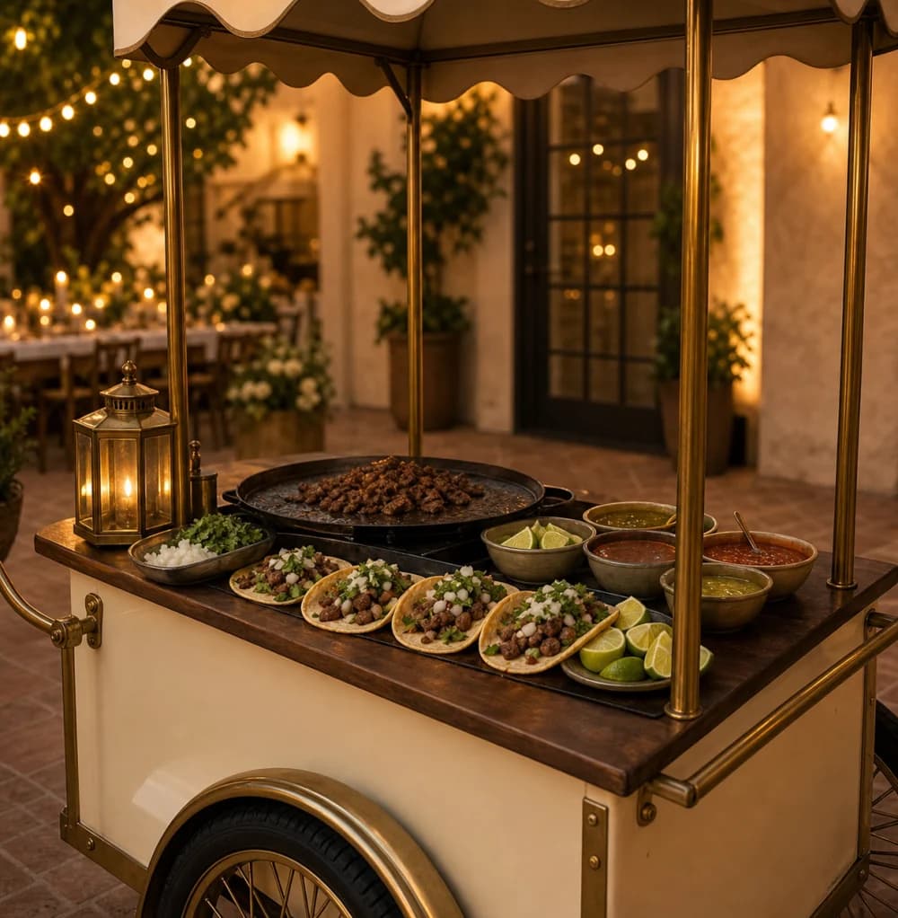 Cream taco cart with fresh street tacos, salsa, lime, and warm event lighting
