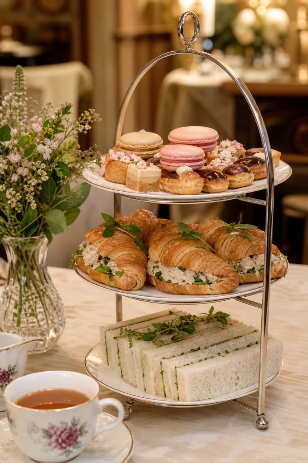 Tiered Victorian tea service with finger sandwiches, croissants, macarons, and tea cakes