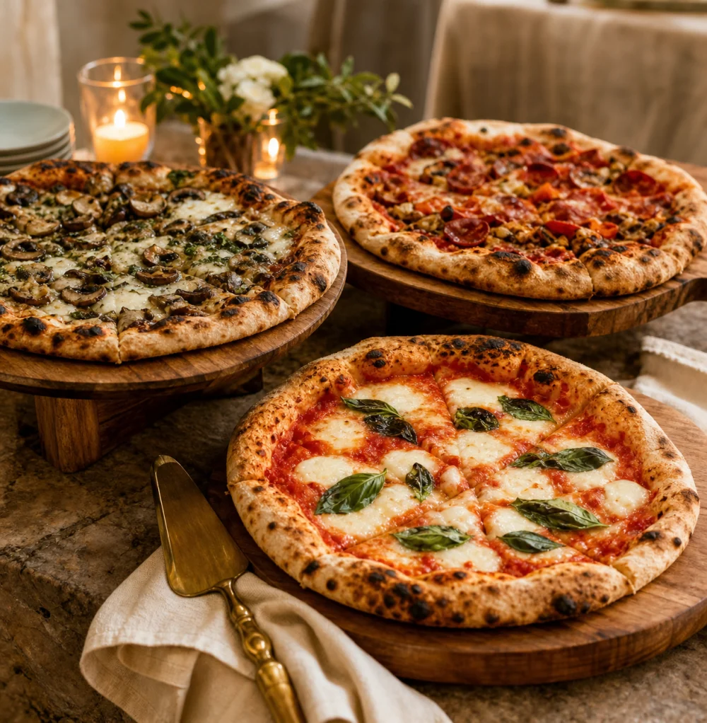 Three fresh artisan pizzas arranged on wooden serving boards