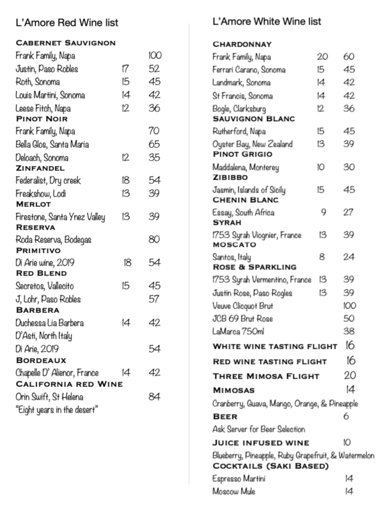 Red and White Wine Menu - L'Amore